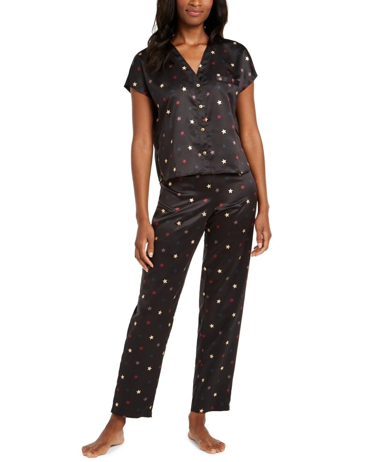 INC International Concepts Women's Printed Matte Satin Pajama Set Multi Star XL