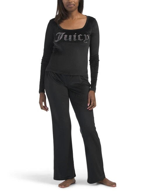 Juicy Couture Velour Sleepwear Lounge Set Size Large Black Top + Flare Pants NEW