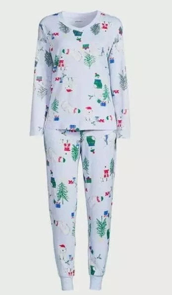 Joyspun Women's Long Sleeve Sleep Top Jogger Pajama Set Medium 8-10 Christmas
