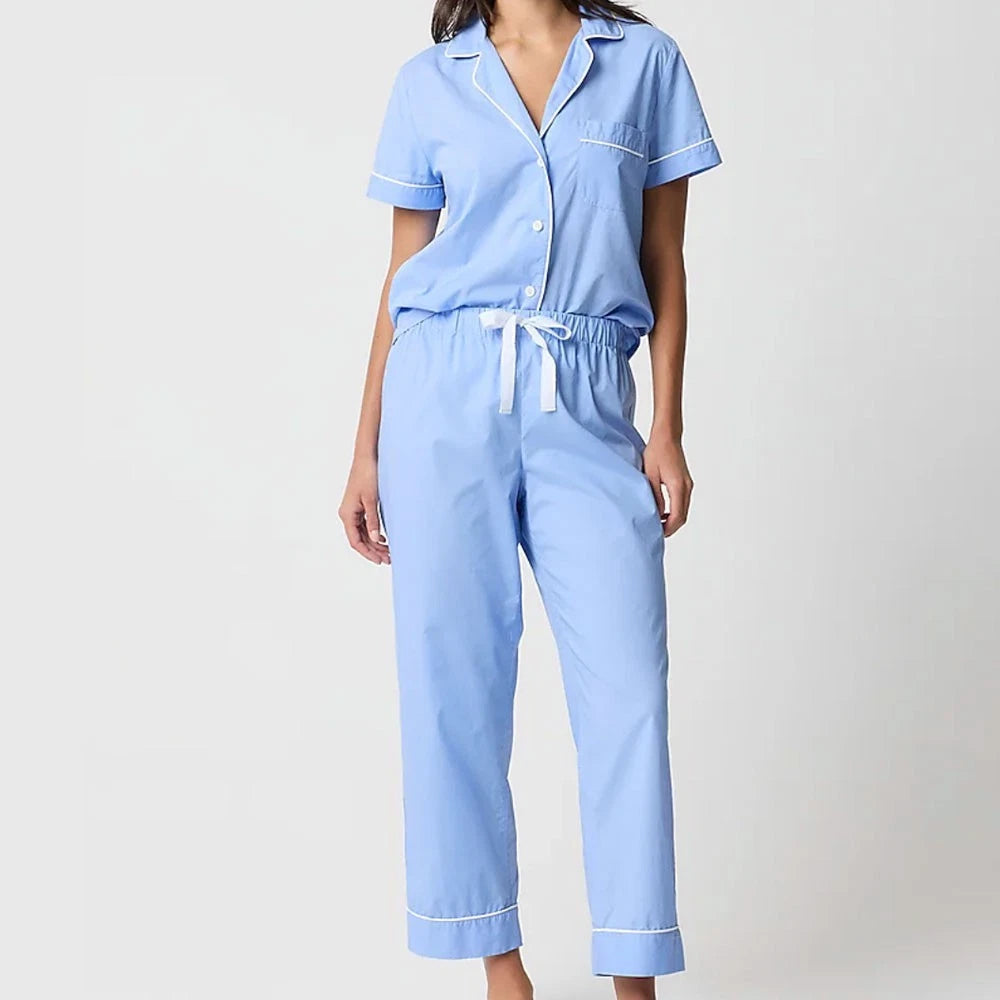J Crew NWT $118 Short-Sleeve 100% Cotton Blue Pajama Set | Sz M | Cropped Pant