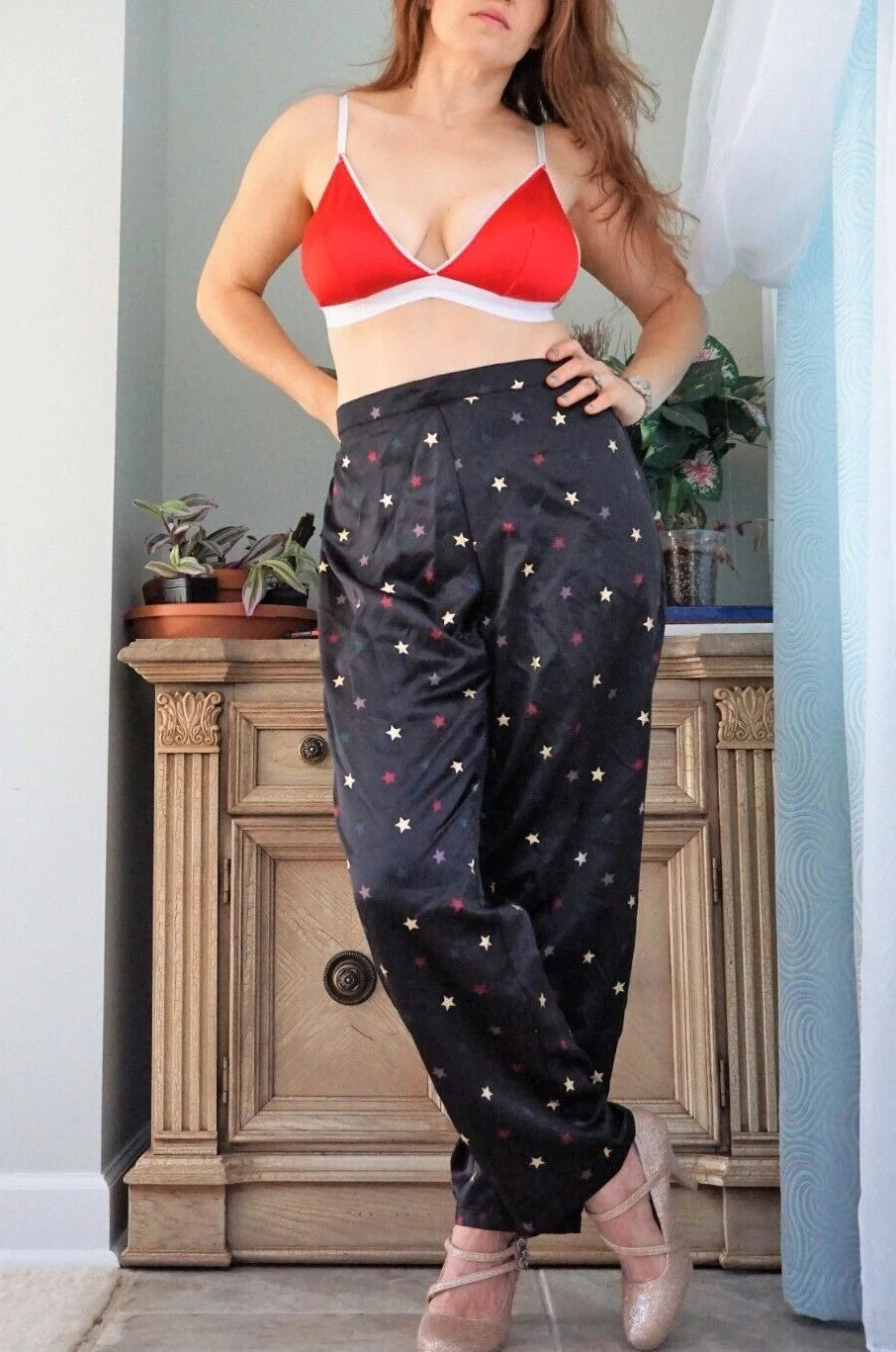 Black Satin pajama Shirt OR Pants Gold sparkle stars silky smooth NEW XS-2X