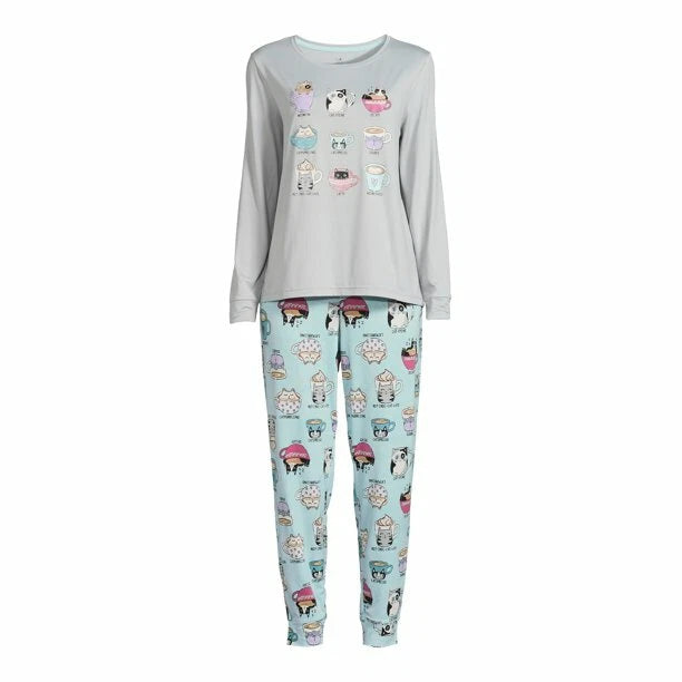 COFFEE CATS LONG SLEEVE JOGGER SECRET TREASURES GRAY BLUE PANTS PAJAMAS SET 3X