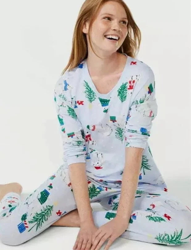 Joyspun Women's Long Sleeve Sleep Top Jogger Pajama Set Medium 8-10 Christmas