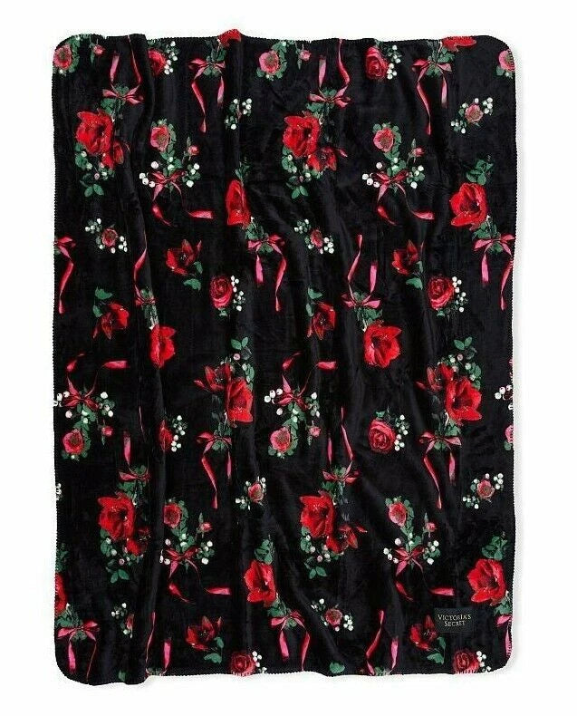 3pc VICTORIA'S SECRET Satin Long Pajama Set&Blanket Floral Rose Black S, M NWT