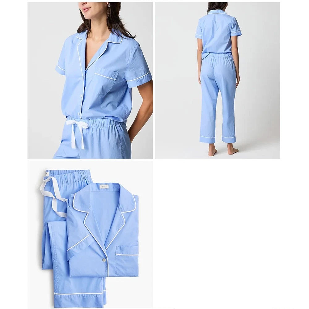 J Crew NWT $118 Short-Sleeve 100% Cotton Blue Pajama Set | Sz M | Cropped Pant