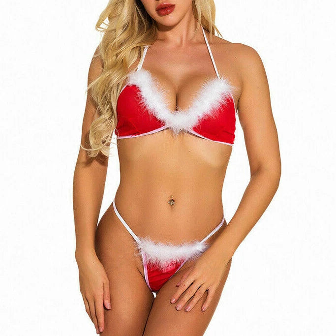 Christmas Lingerie for Women Santa Bra G-String Set Naughty Play Halter Chemise