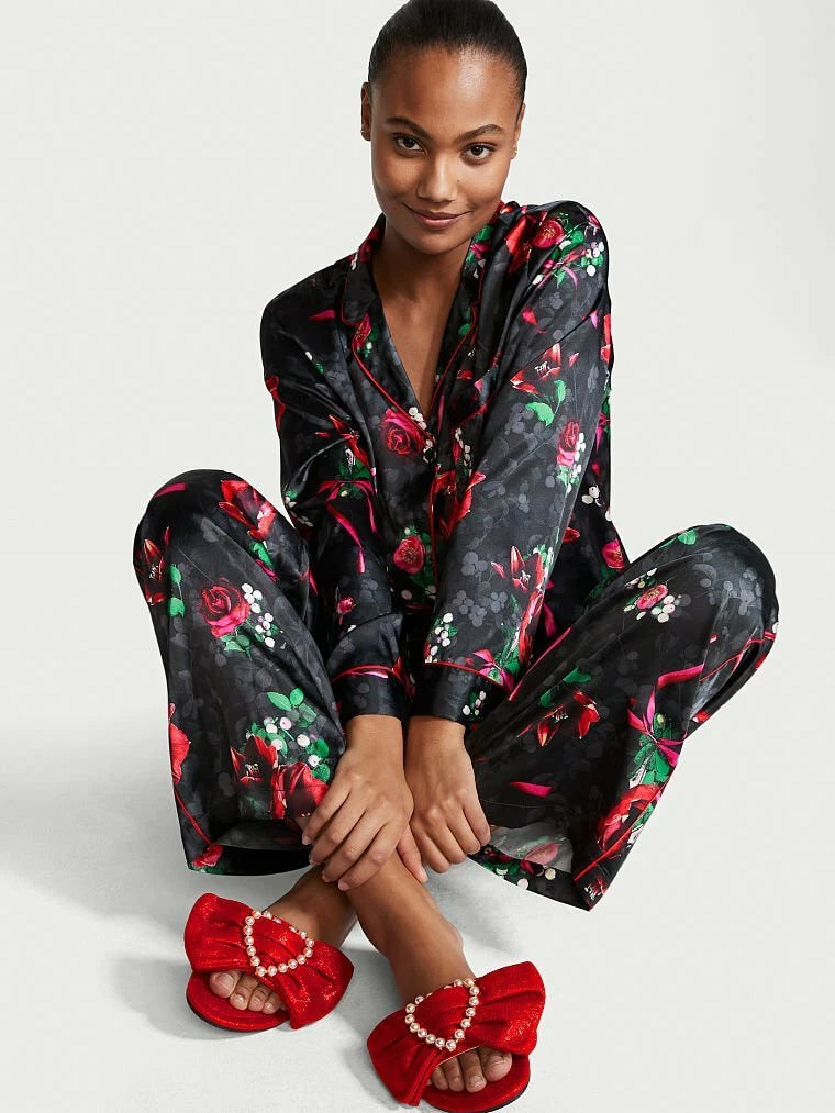 3pc VICTORIA'S SECRET Satin Long Pajama Set&Blanket Floral Rose Black S, M NWT
