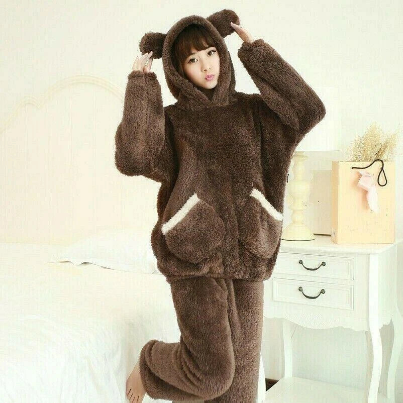 Damen Flanell Pyjama Mädchen Süß Kawaii Warm Koralle Fleece Nachtwäsche Set Dick