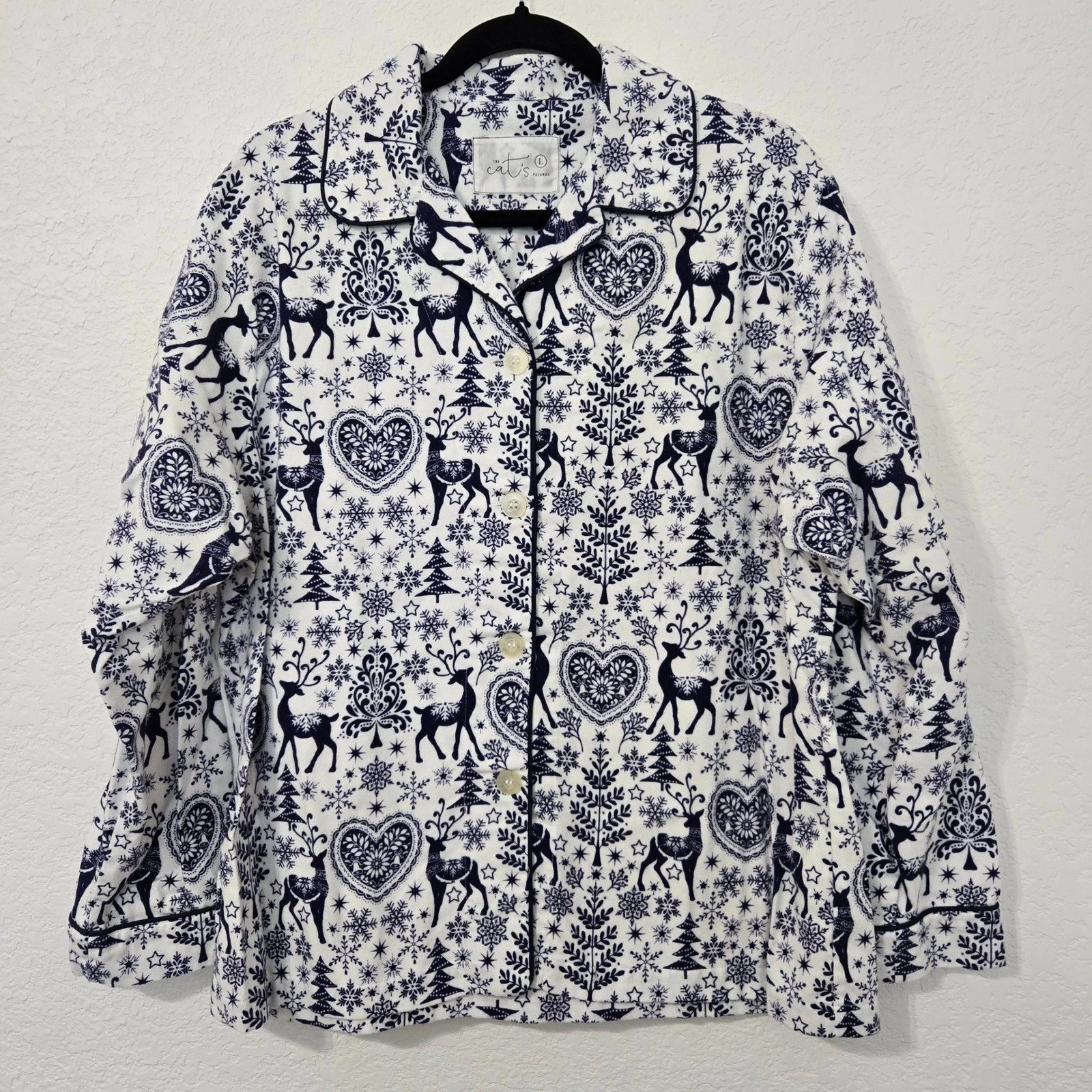 The Cats Pajamas Reindeer PJ Set Womens White Blue Holiday Christmas Loungewear