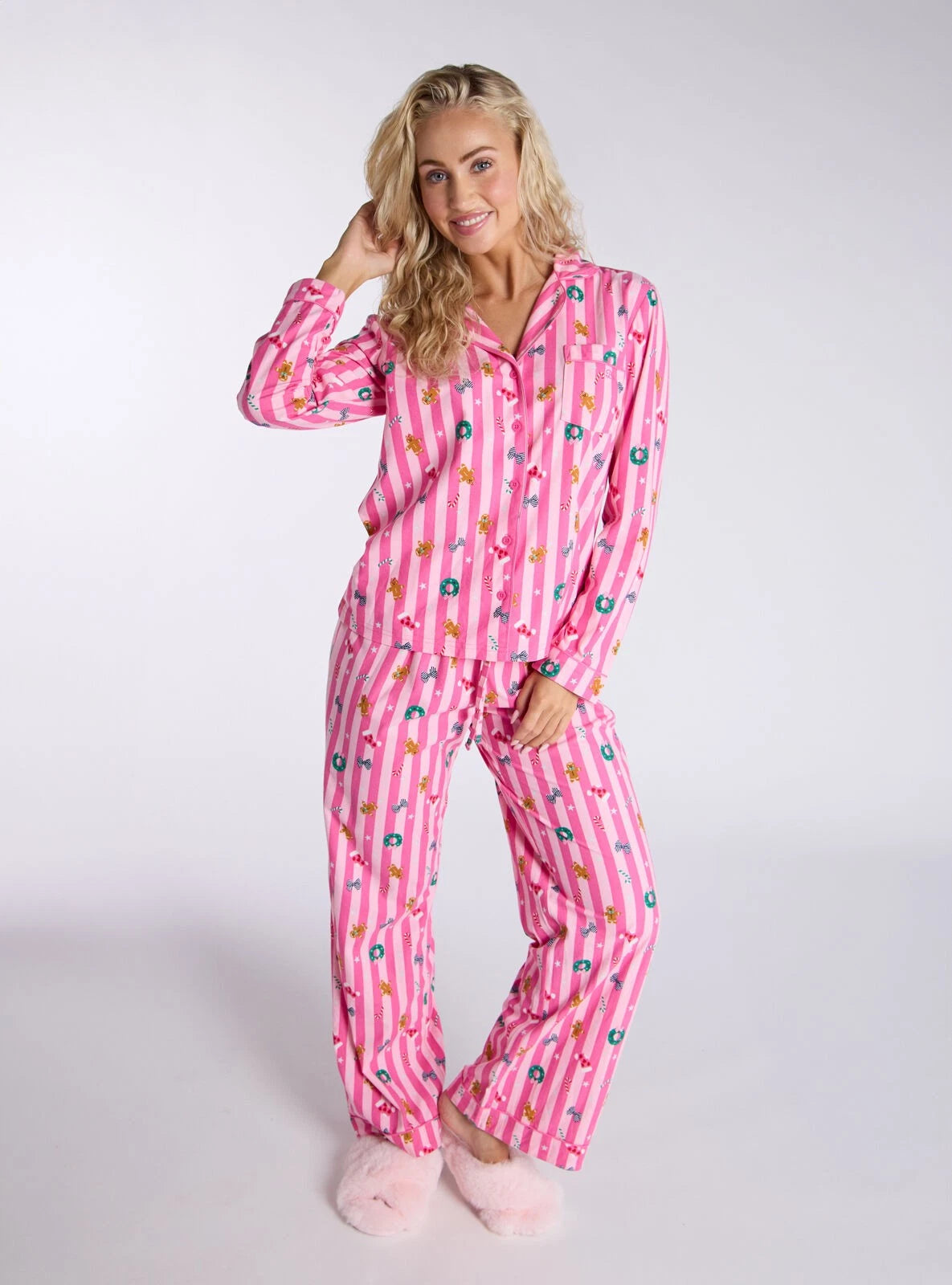 Boux Avenue Pyjama Set Women's Gingerbread Stripe Fleece Cute Ladies PJ with Bag