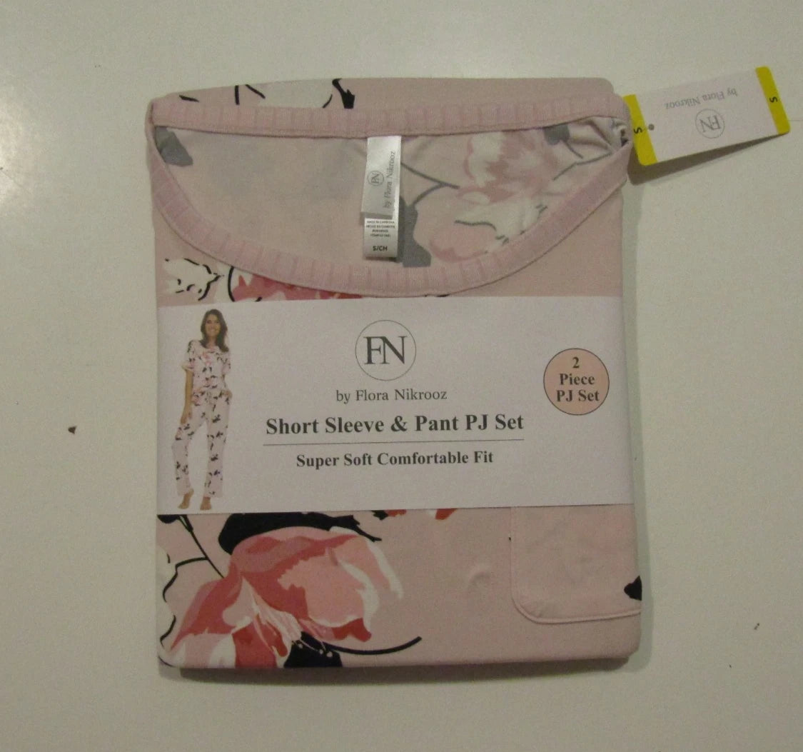 FLORA NIKROOZ Pink Floral S/S Pants Pajamas Set Small Sleepwear NWT Womens