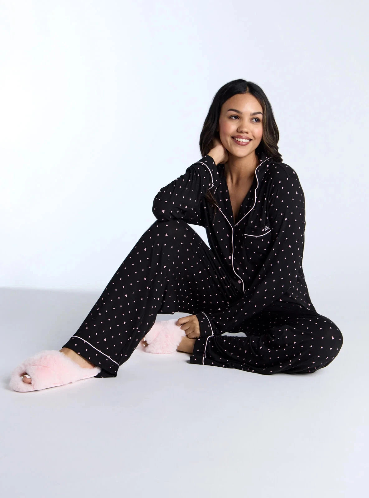 Boux Avenue Pyjama Set Women's Soft Heart Spot Print Top and Trouser Nightwear