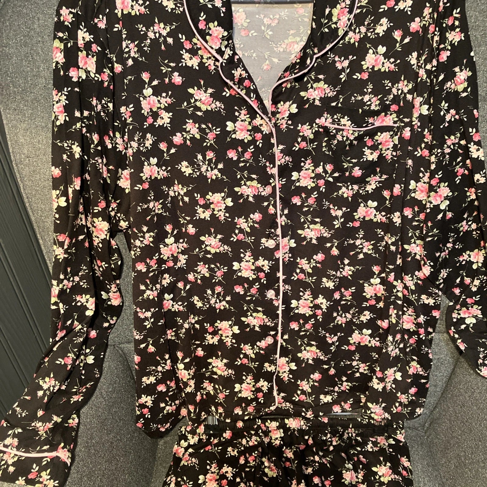 Flora Nikrooz Long Sleeve 2 Piece Lounge Pajama Set Black Pink XXL 22/24 Soft