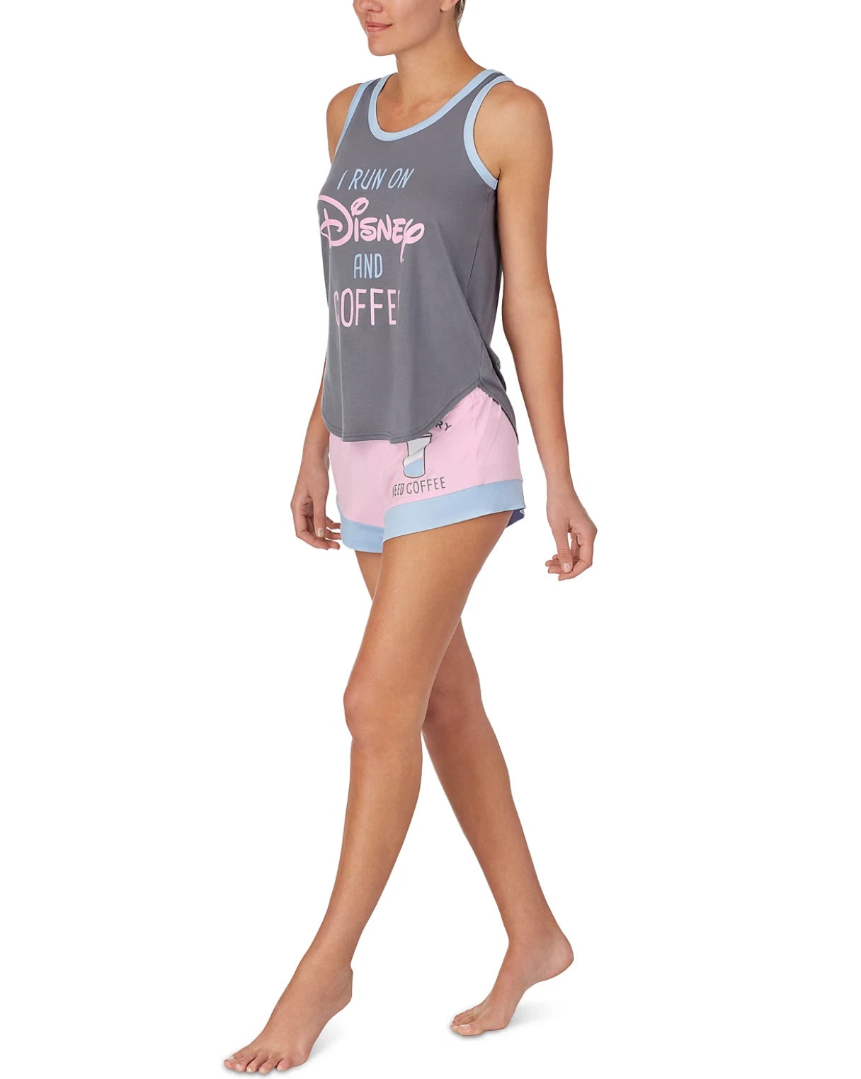 DISNEY 2-Piece I Run On Disney & Coffee Tank Top Shorts Pajama Set Medium Gray