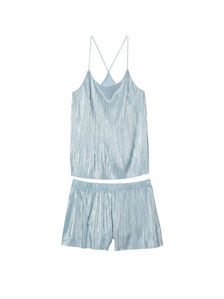 2pc VICTORIA'S SECRET Plisse Satin Cami PJ Silver Pink Foil/Blue/Gold L, XL, 2XL
