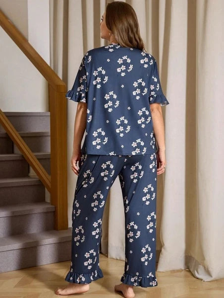 PYJAMA PLUS 18 20 22 24 26 LADIES NAVY WHITE  FLORAL STRETCH LOUNGEWEAR COMFORT