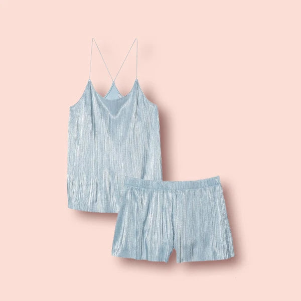 2pc VICTORIA'S SECRET Plisse Satin Cami PJ Silver Pink Foil/Blue/Gold L, XL, 2XL