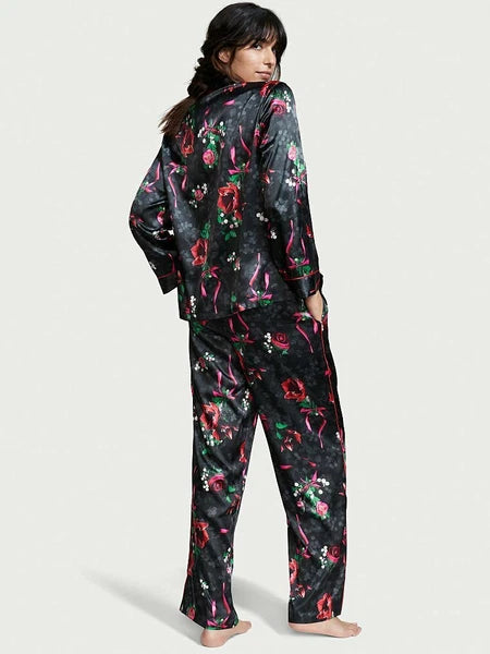 3pc VICTORIA'S SECRET Satin Long Pajama Set&Blanket Floral Rose Black S, M NWT