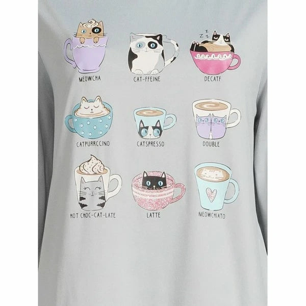COFFEE CATS LONG SLEEVE JOGGER SECRET TREASURES GRAY BLUE PANTS PAJAMAS SET 3X