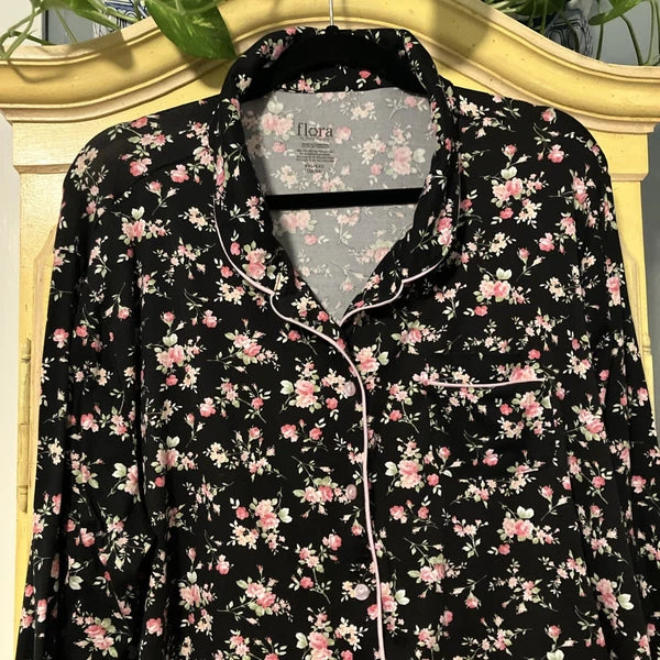 Flora Nikrooz Long Sleeve 2 Piece Lounge Pajama Set Black Pink XXL 22/24 Soft