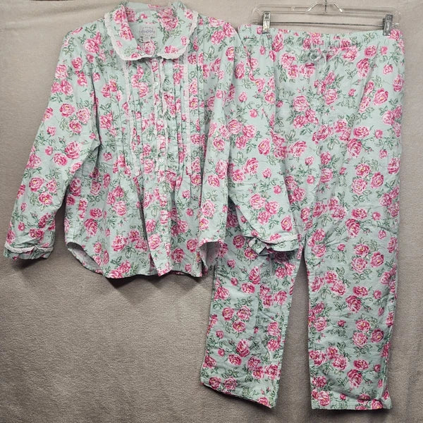 Lanz Of Salzburg Pajama Set Womens Green Floral Flannel Ruffle Cotton Grandma