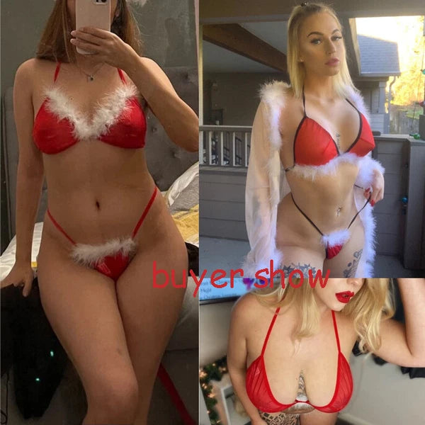 Christmas Lingerie for Women Santa Bra G-String Set Naughty Play Halter Chemise