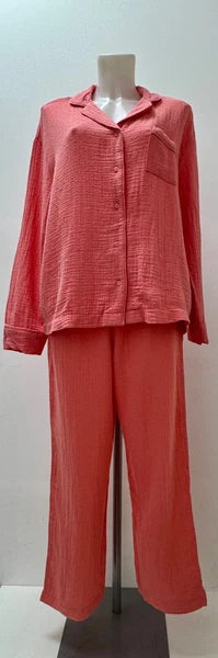Ladies New Ex M&S 100% Cotton Coral Pyjamas Size 8 10 12 14 16 18 20