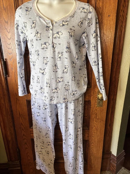 LAURA ASHLEY Women's Blue Pajama PJ Pants Top Set Scottie Westie Dog Print, Sz L