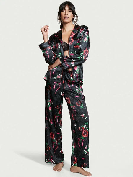 3pc VICTORIA'S SECRET Satin Long Pajama Set&Blanket Floral Rose Black S, M NWT