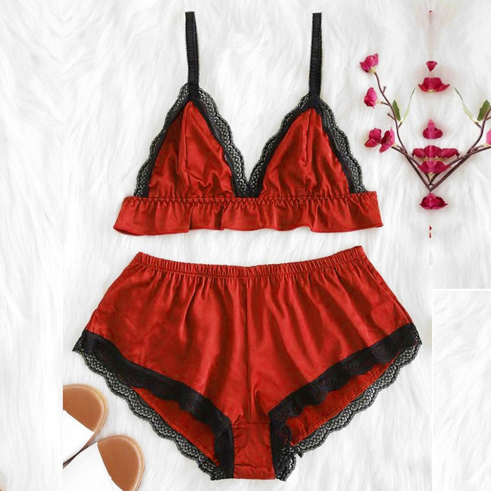 Women Satin Silk Sleepwear Set Top Shorts Nightwear Sexy Lingerie Pajamas-Set