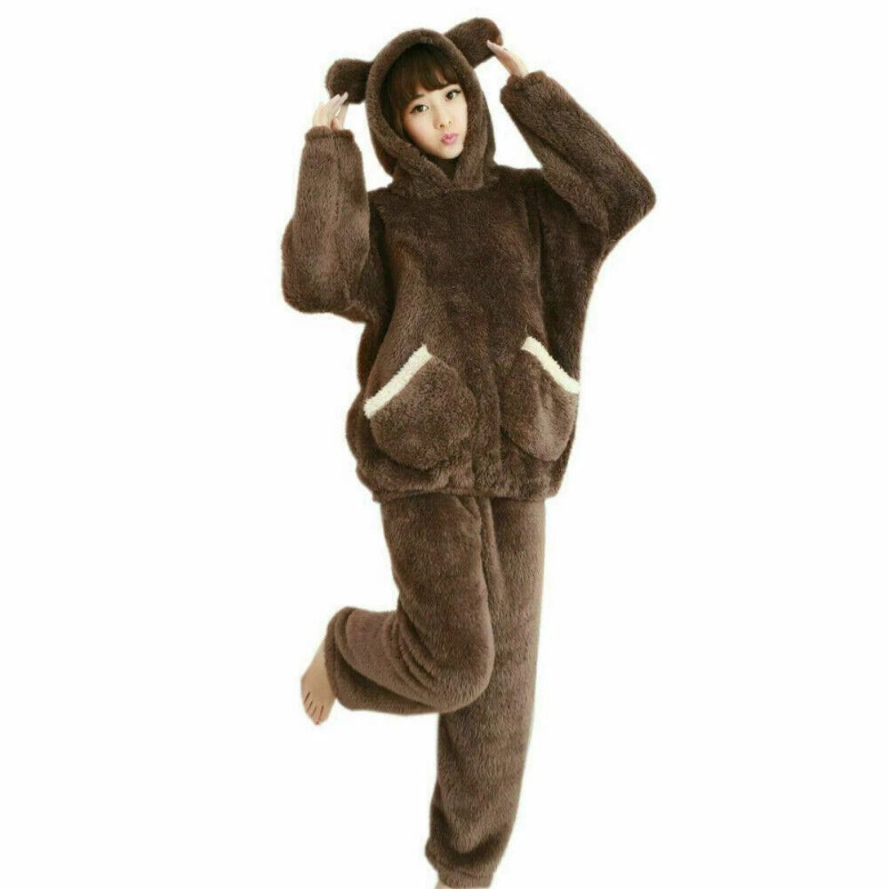 Damen Flanell Pyjama Mädchen Süß Kawaii Warm Koralle Fleece Nachtwäsche Set Dick