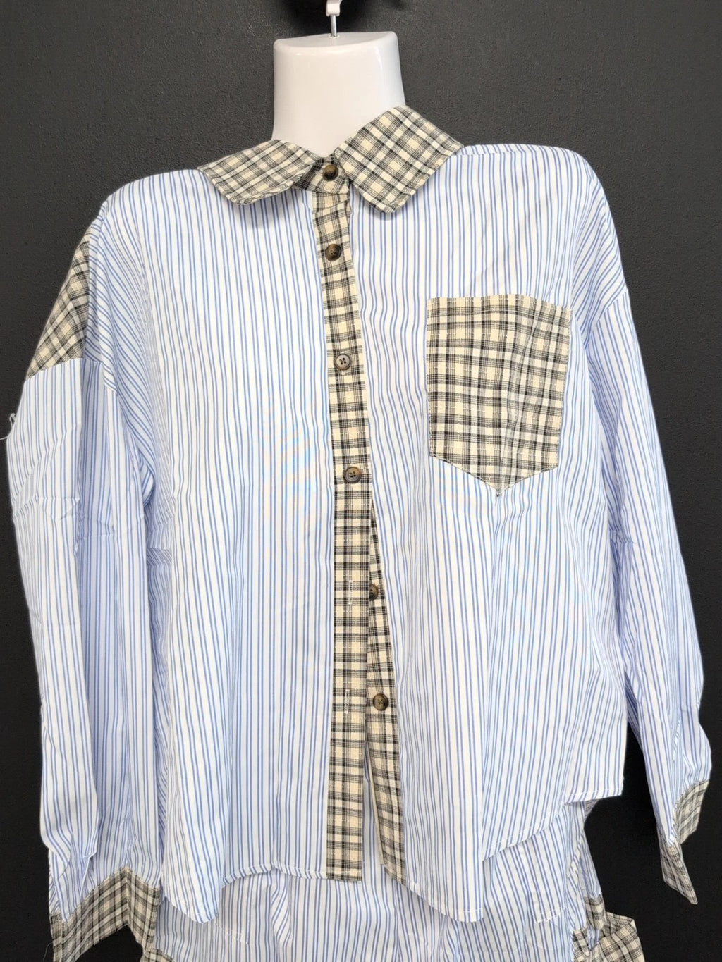 Long Sleeve Lapel Collar Cotton Comfortable Sleepwear Pajamas Set Size L Blue