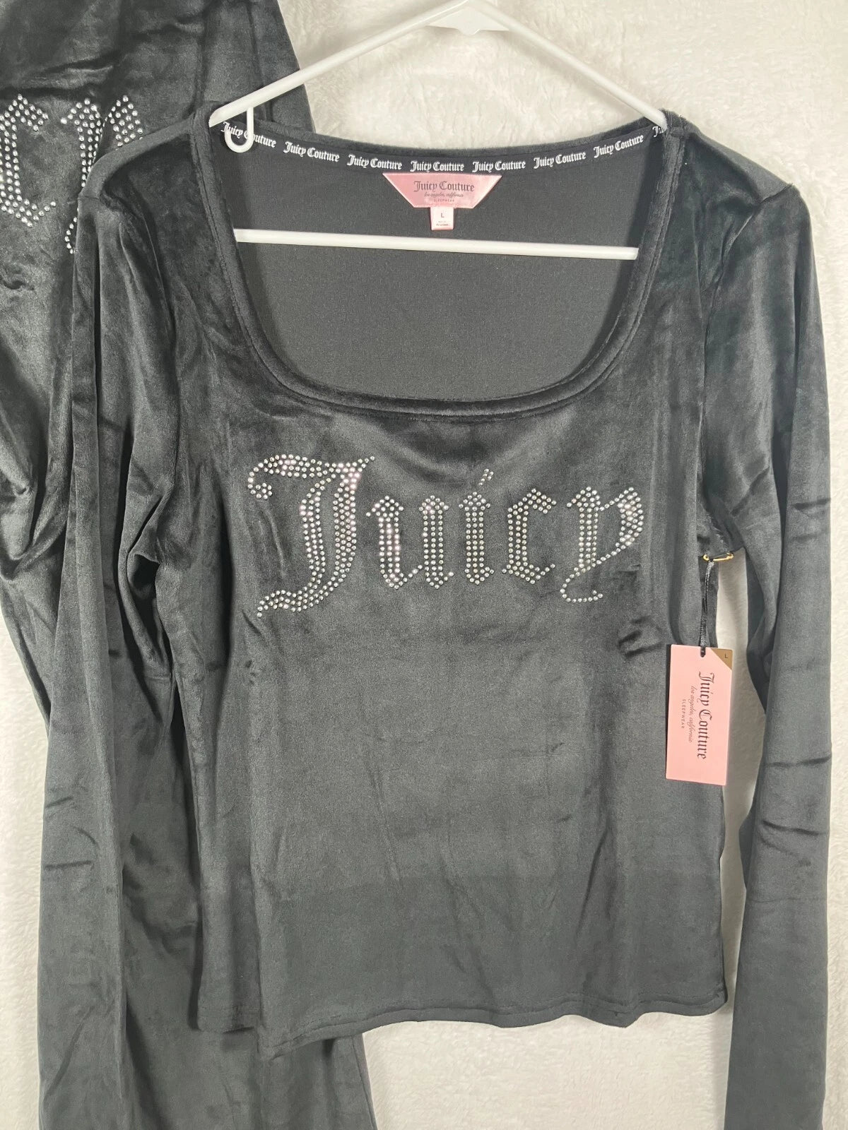 Juicy Couture Velour Sleepwear Lounge Set Size Large Black Top + Flare Pants NEW