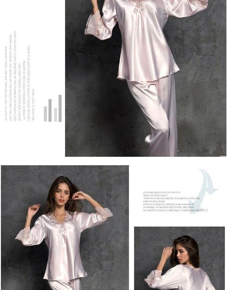 Women's Faux Silk Sexy Lace Silk Pajamas Silk Pajamas Set Home Sleepwear 2pcs