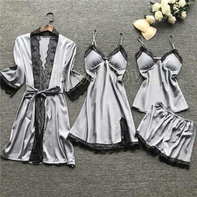 New Women Sexy Silk Satin Pajama Set Lace Sleepwear Home Wear Nightwear Set