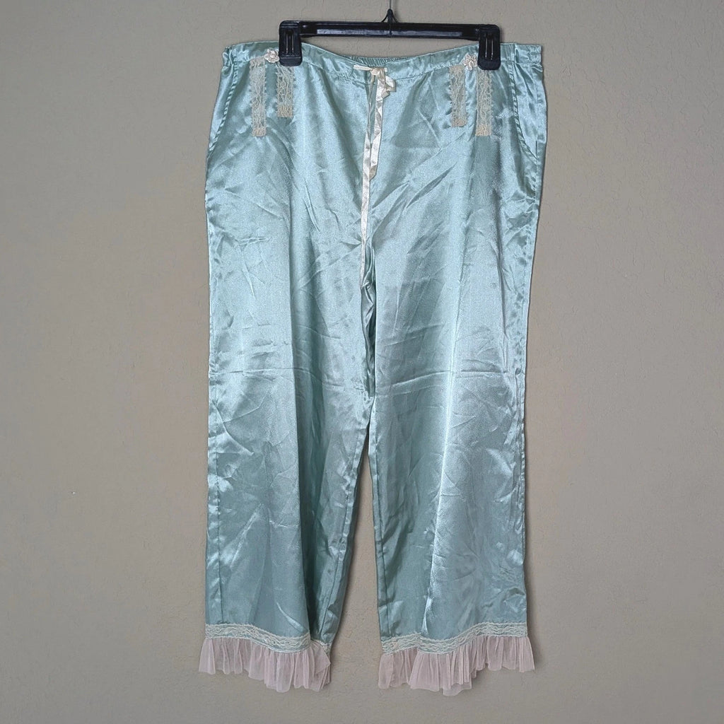 Kenzie Satin Pajama Set 2 Piece Cami & Cropped Pants Mint Green Lace Trim Size L
