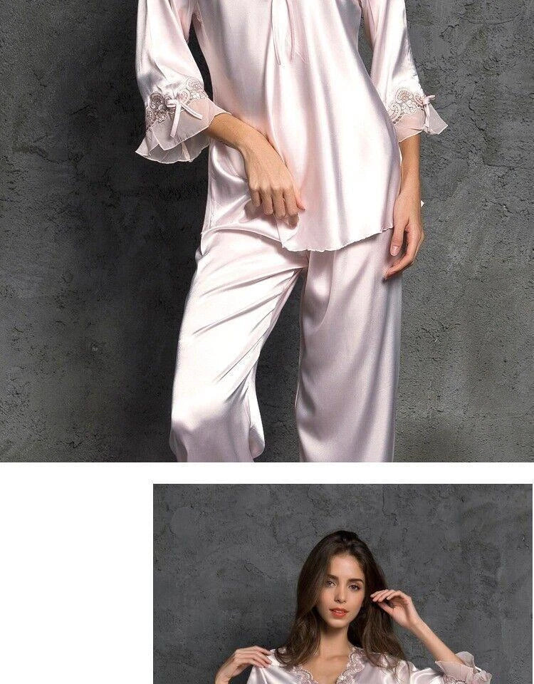 Women's Faux Silk Sexy Lace Silk Pajamas Silk Pajamas Set Home Sleepwear 2pcs