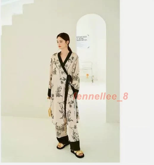 Women 2PC Ice Silk Printed Kimono Coat Pant Chinese Nightgown Pajamas Loungewear