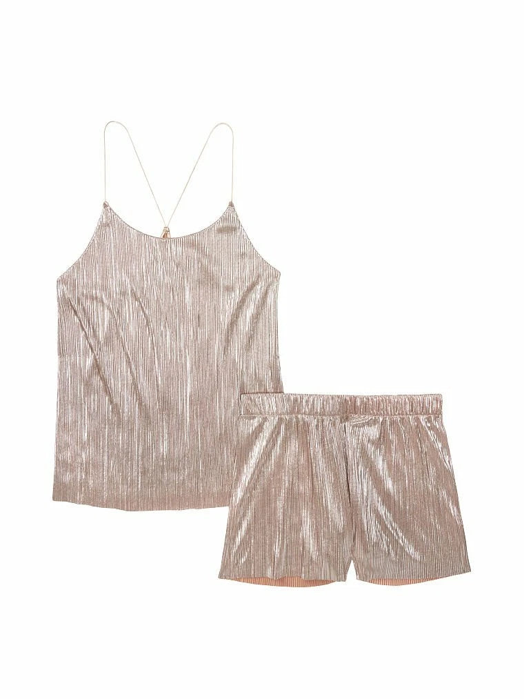 2pc VICTORIA'S SECRET Plisse Satin Cami PJ Silver Pink Foil/Blue/Gold L, XL, 2XL