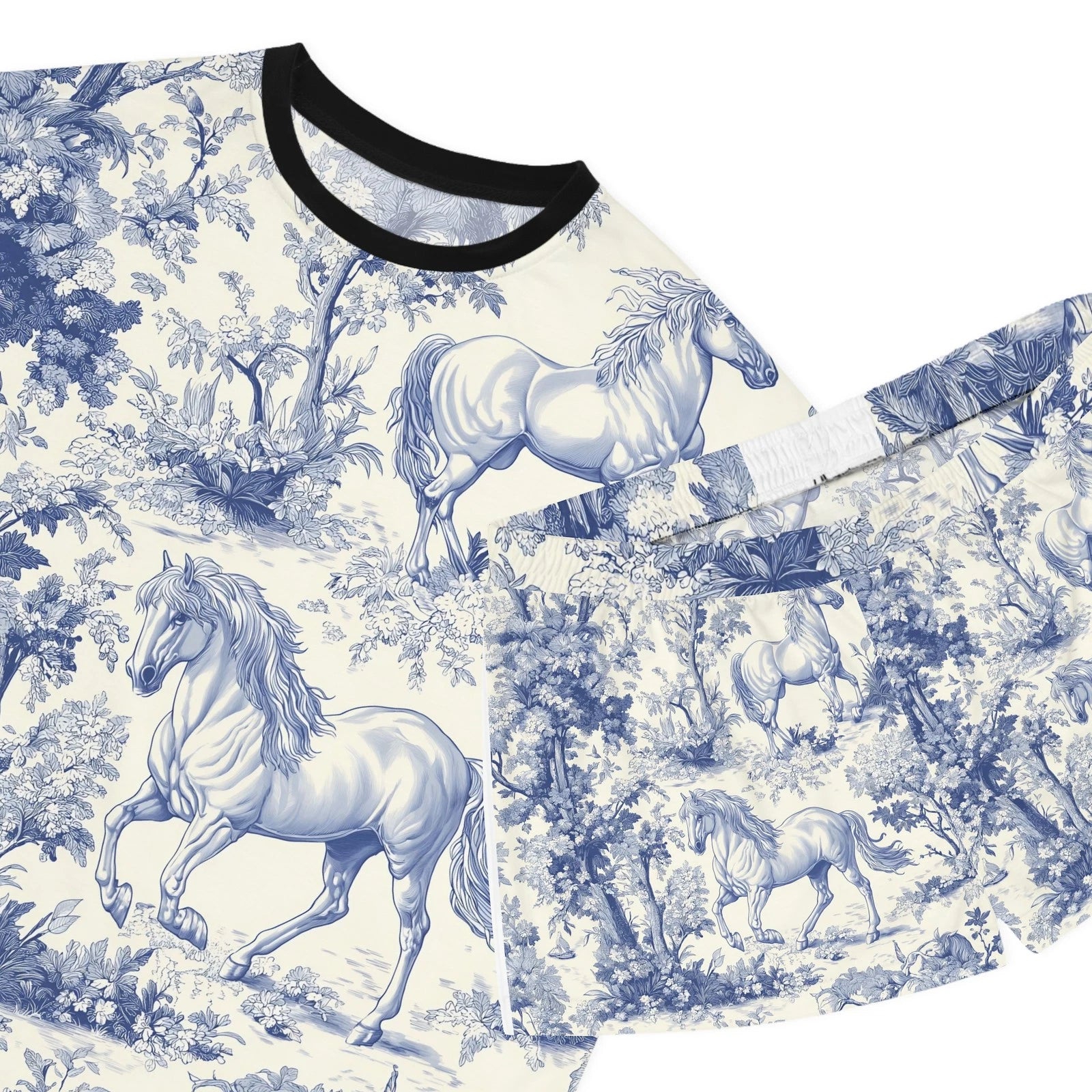 Whimsical Horse Print Pajama Set Cozy Sleepwear, Animal Lover Gift, Blue Floral