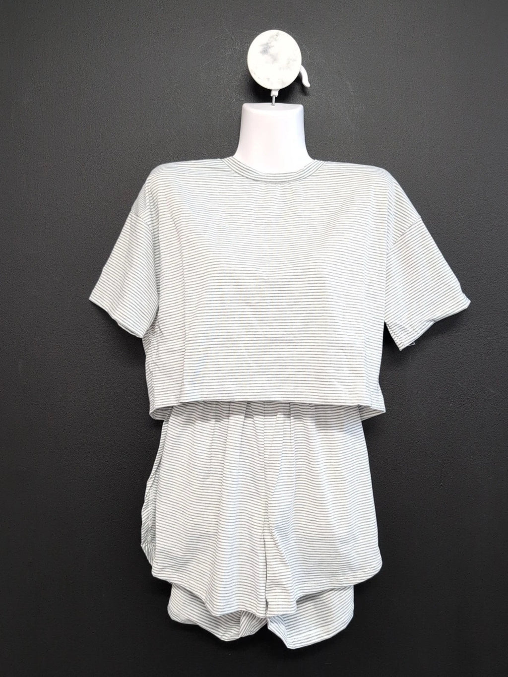 Split Short Pajama Set 2 Piece Women Sleepwear Striped Cotton Loungewear M Gray