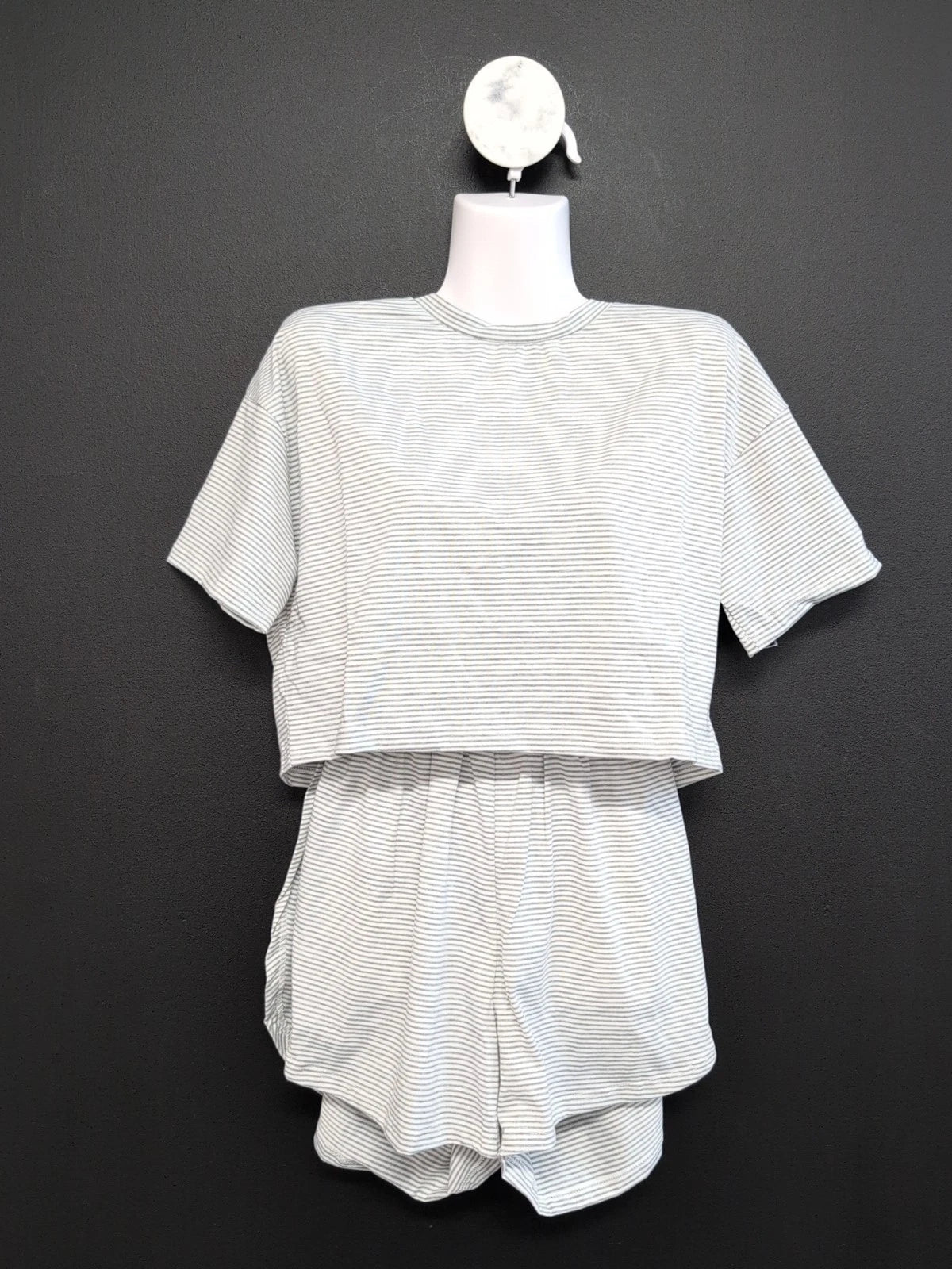 Split Short Pajama Set 2 Piece Women Sleepwear Striped Cotton Loungewear M Gray