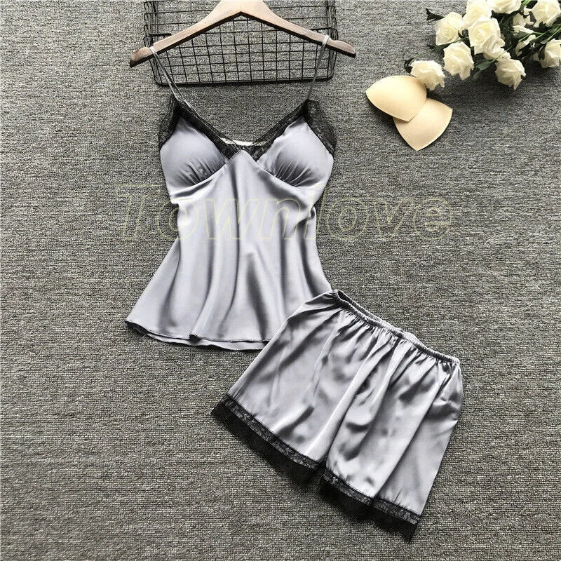 New Women Sexy Silk Satin Pajama Set Lace Sleepwear Home Wear Nightwear Set