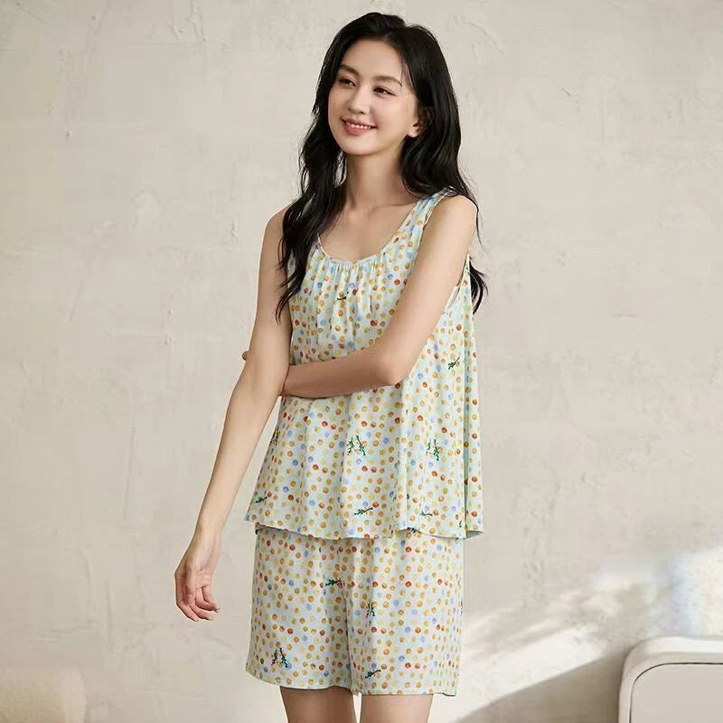 Women's Sleepwear New Cotton Loose Vest Shorts Thin Home Set 2pcs