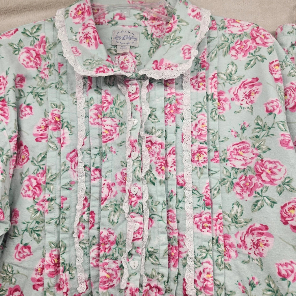 Lanz Of Salzburg Pajama Set Womens Green Floral Flannel Ruffle Cotton Grandma