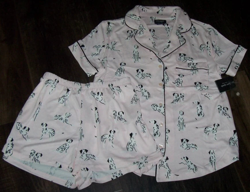 NWT Kate Spade Pink/Black DALMATIAN DOGS Knit SHORTS Pajama/Lounge Set Women's S
