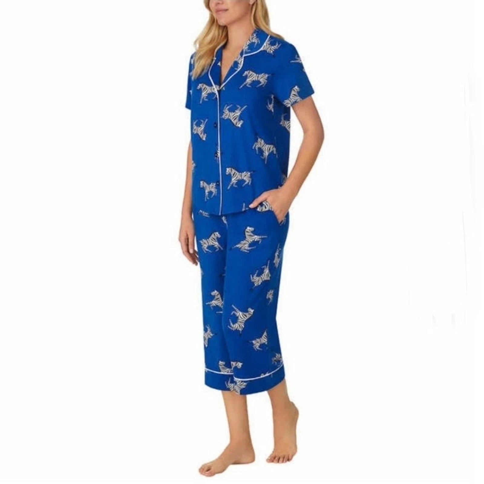 Room Service Womens Notch Collar 2pc Zebra Print Capri PJ Pajama Set Blue Size L