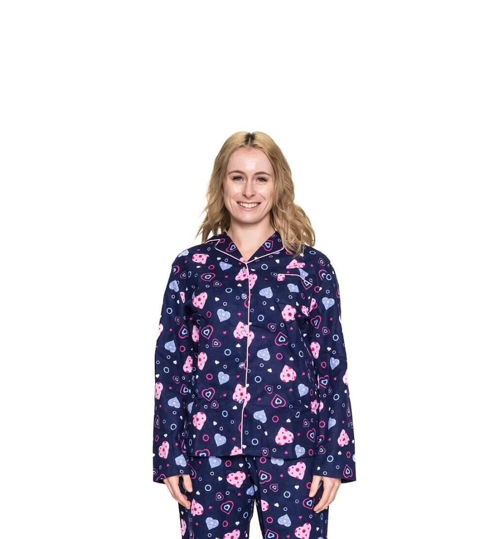 Womens Navy Hearts Long Sleeve Winter Cotton Flannel Long Pyjama Set