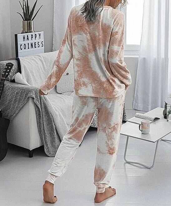 XL NWOT Women's Romantic Hut Salmon Tie Dye Jogger & LS Crew Neck Top Lounge SET