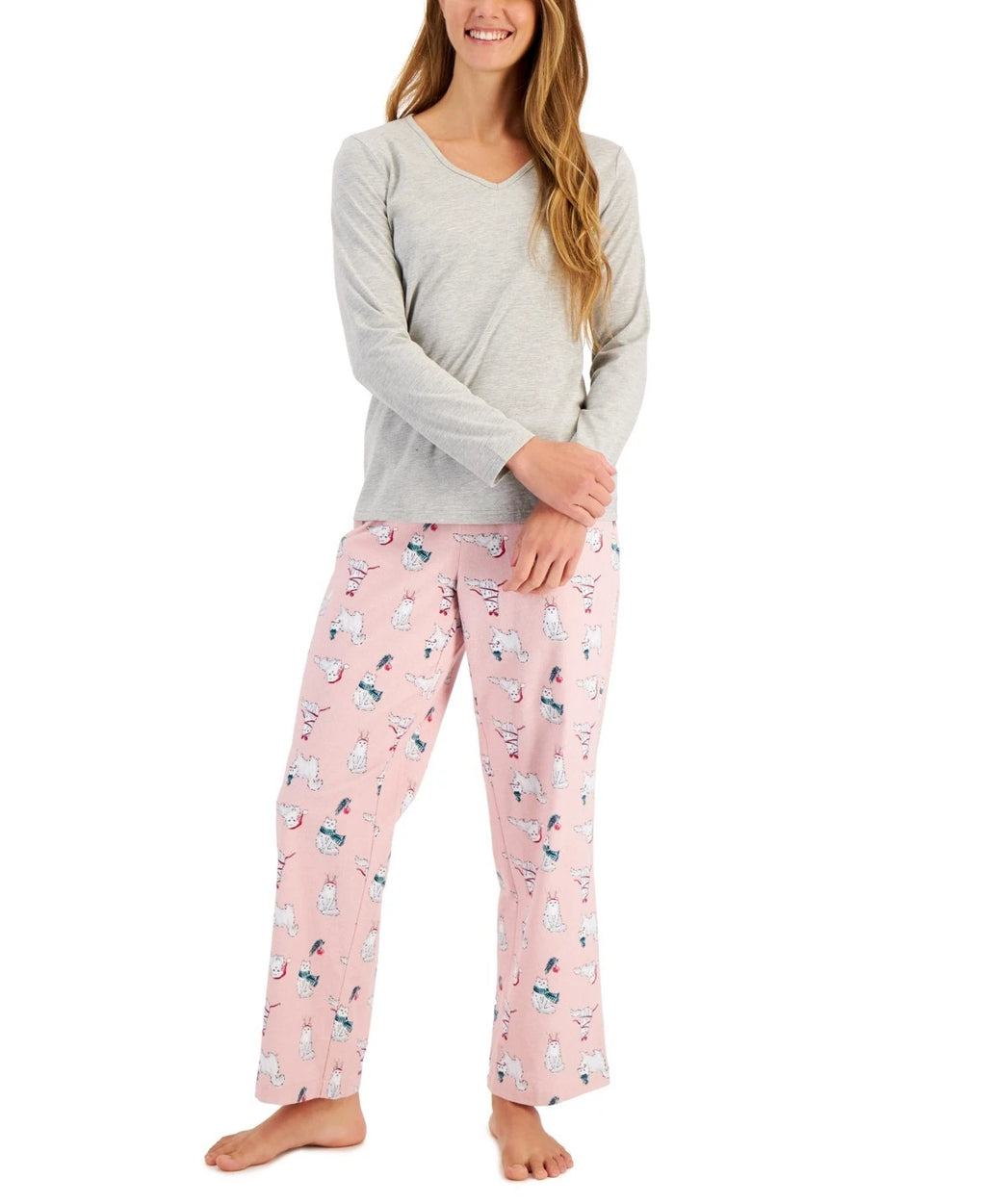 Charter Club V-Neck T-Shirt & Flannel Pants Pajama Set Grey Pink Size M MSRP $60